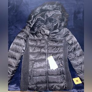 BRAND NEW w/ tags Nautica Womens Faux Fur Trim Hooded Jacket Medium Black Zip Up